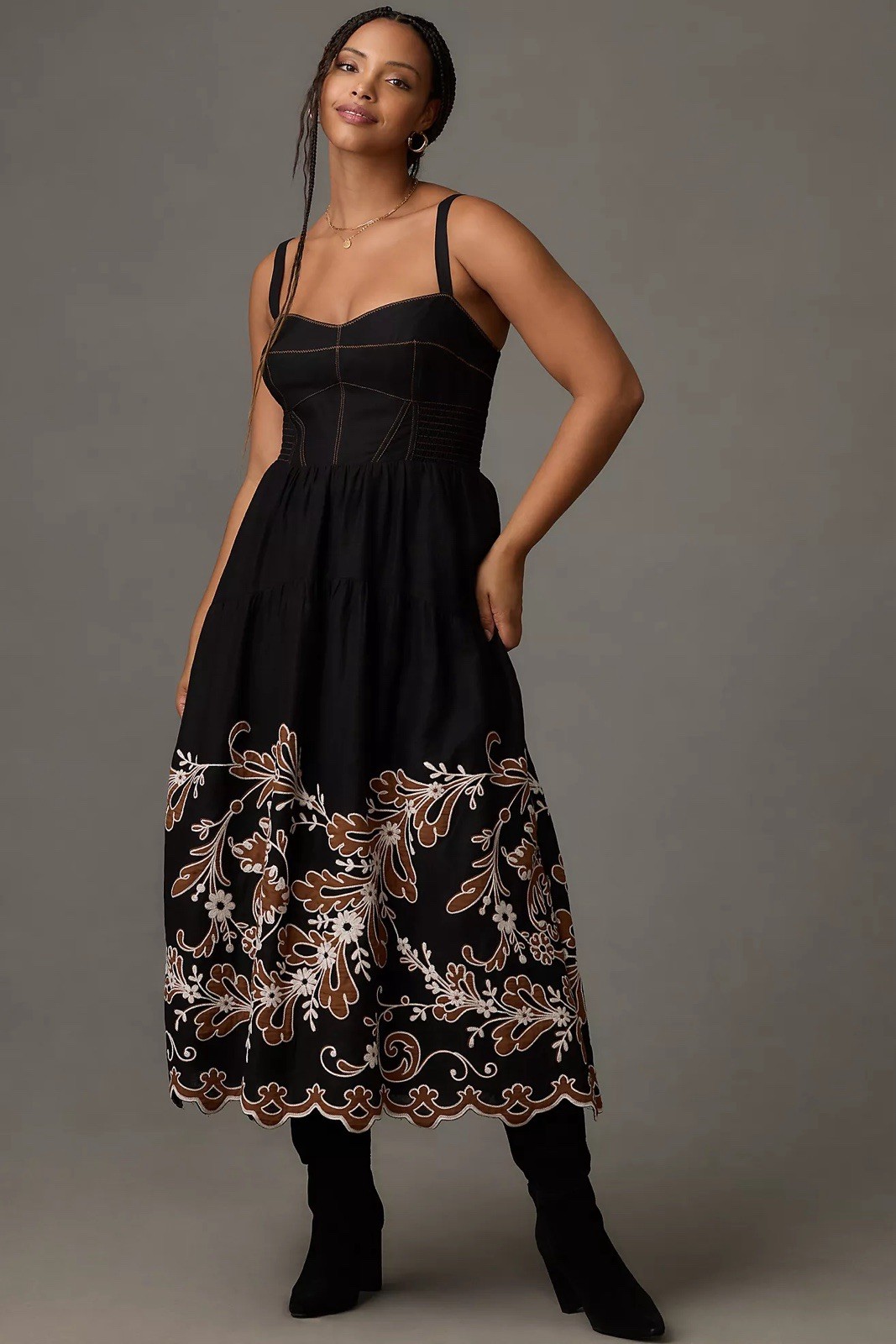 Anthropologie Black Appliqué Midi Maxi Dress with Tan Floral Embroidery size XXS