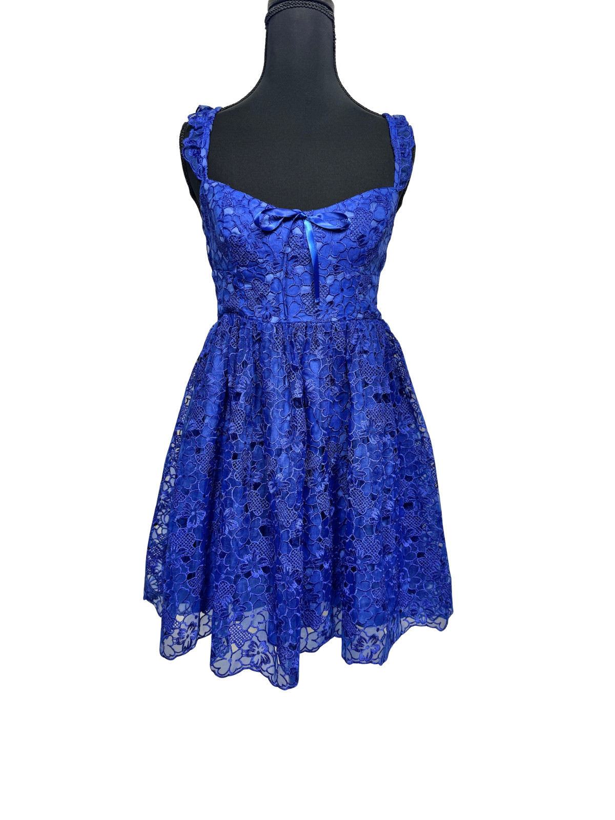 Anthropologie Ruffle-Strap Corset Lace Mini Dress L Blue Bow Sweetheart NWT