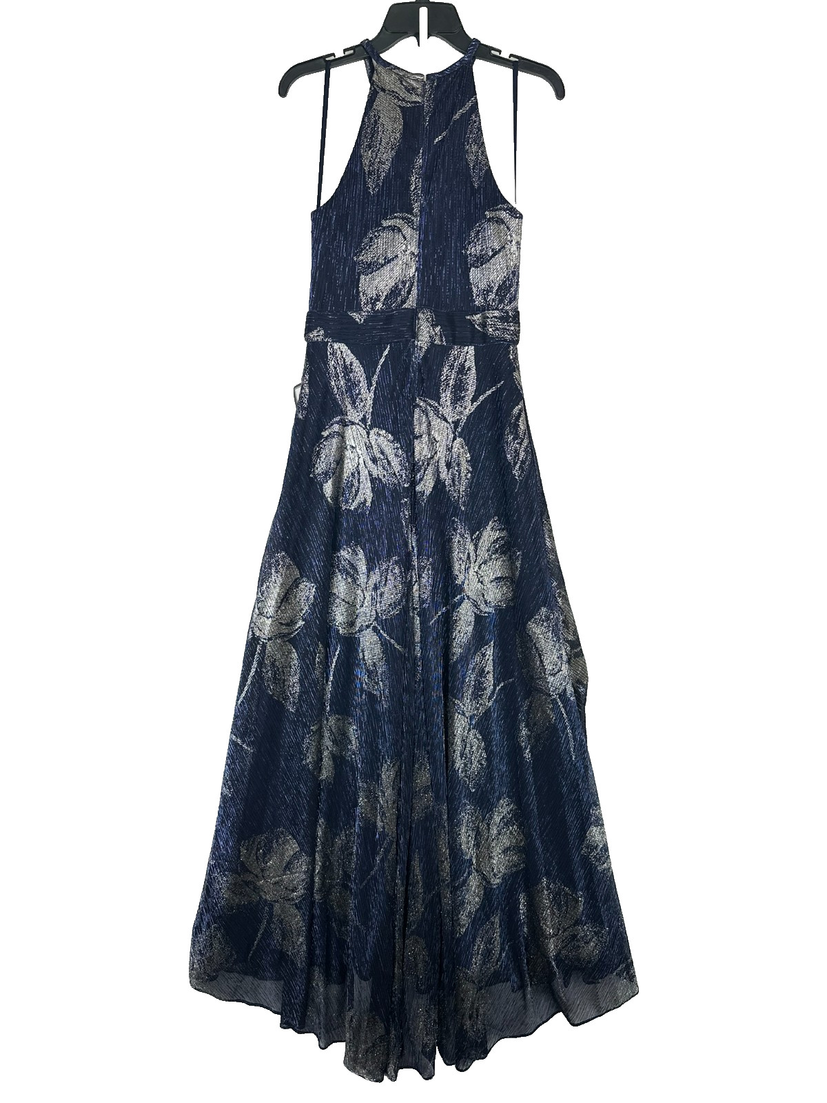 Betsy & Adam Metallic Gown Halter Floral Slit Pockets Formal Navy Silver 8 $289
