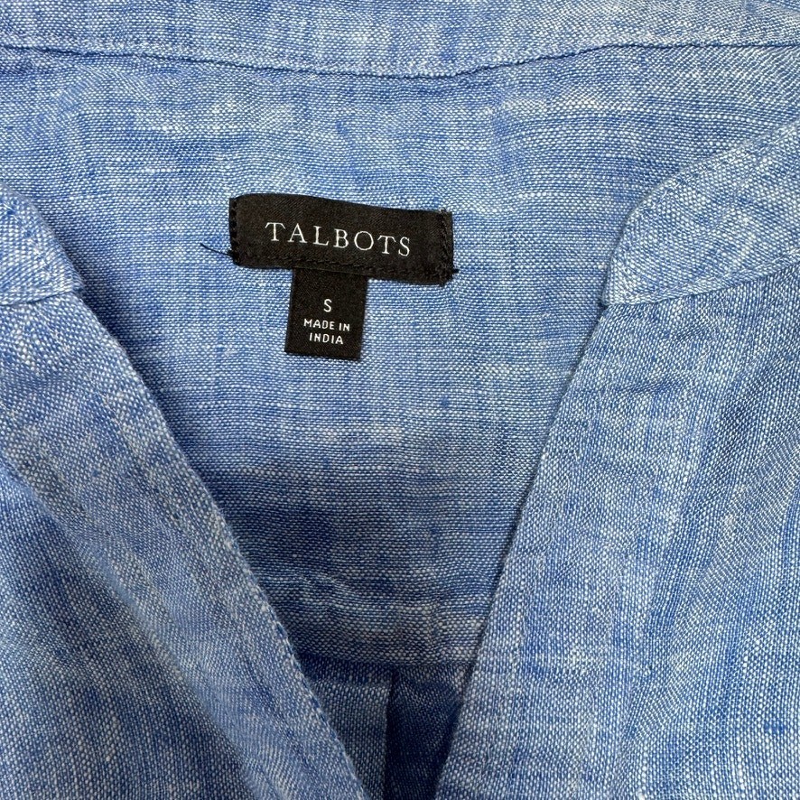 Talbots Blue 100% Linen Belted Shirtdress Small Roll Tab Sleeve Coastal
