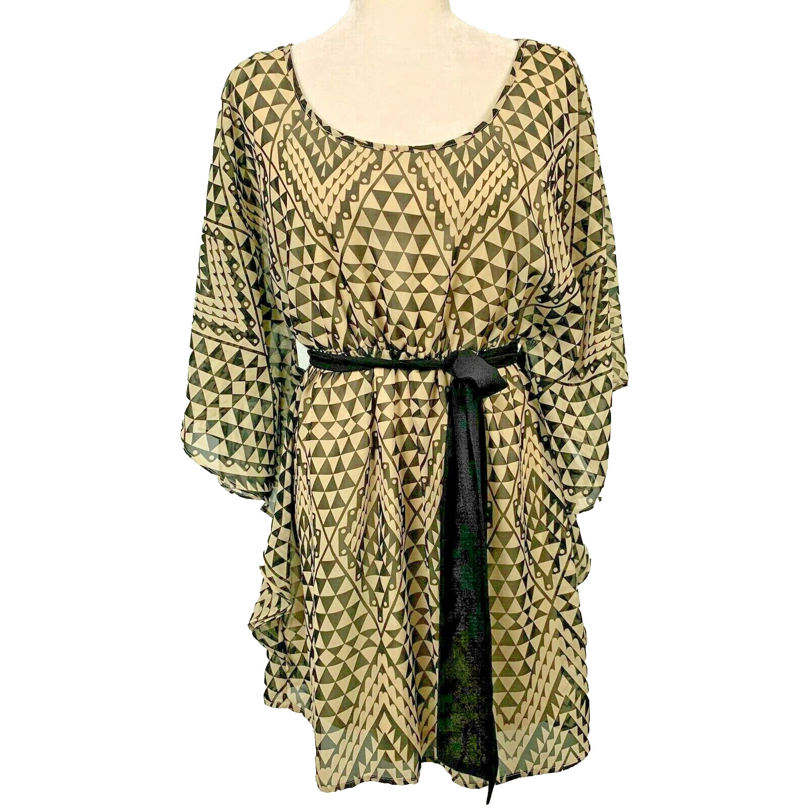 As U Wish Dress Womens L Black Beige Tie Waist Dolman Sleeves Geometric