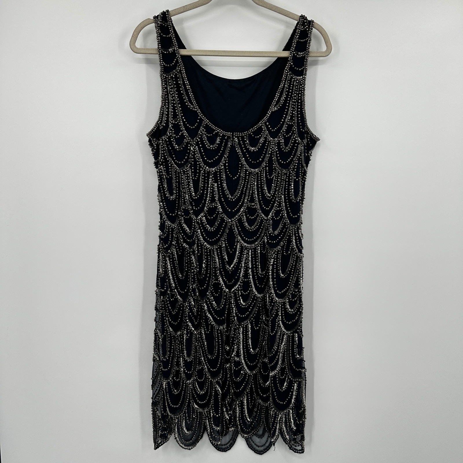 Pisarro Nights Black Beaded Sequin Flapper Dress Art Deco Style Size 14 Cocktail
