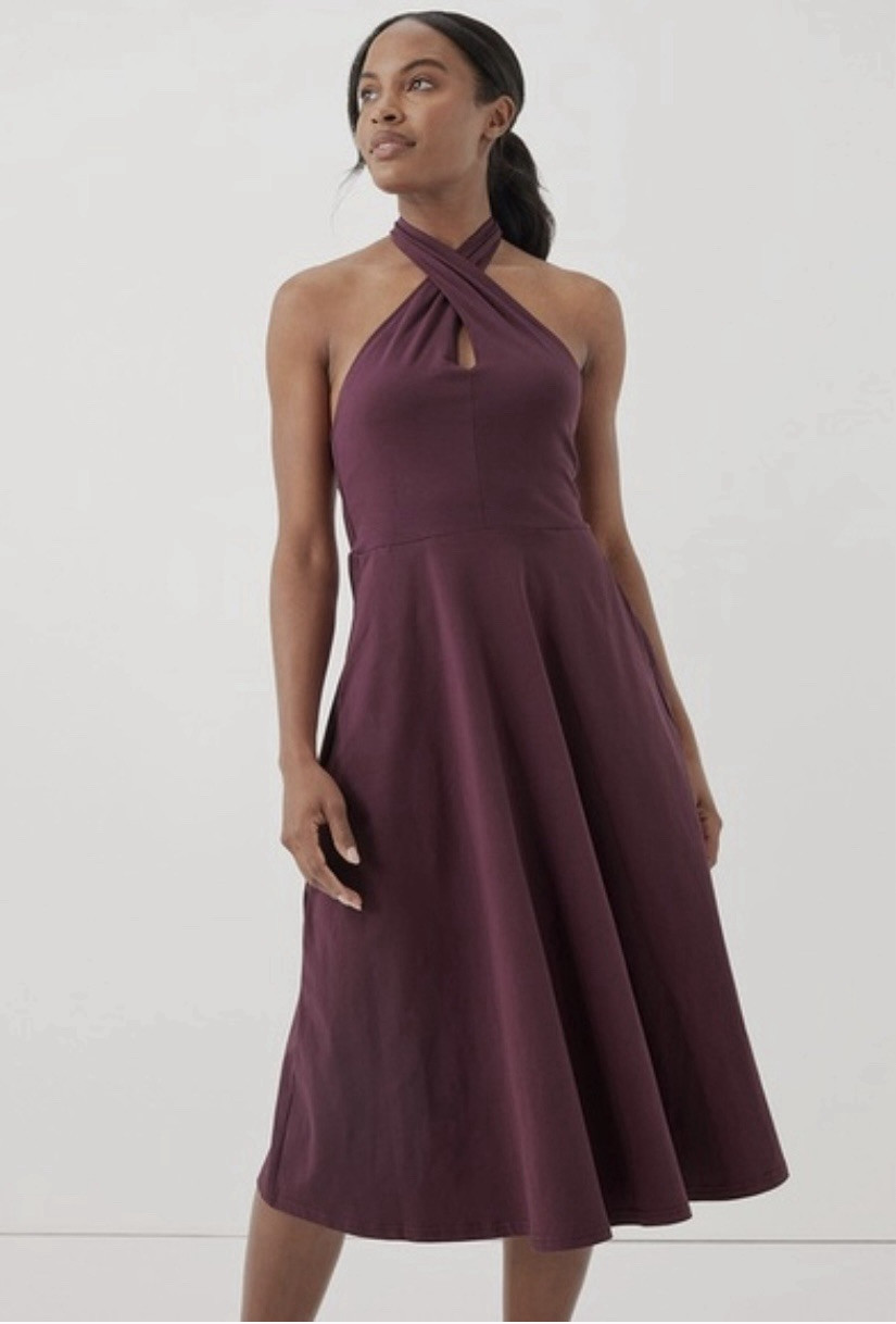 Pact Organic Women’s Maroon Fit & Flare Modern Halter , Can Be Worn 2 Ways S