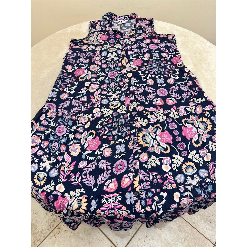Croft & Barrow Shirtdress Womens Size L Navy Pink Floral Maxi Sleeveless