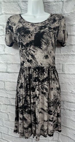 Ladies Jersey Skater Dress Black & Grey Mottled Size 10 Stretchy Short Sleeve