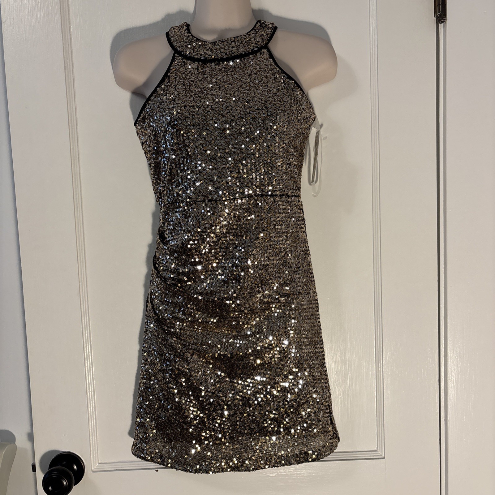 Jessica Simpson Gold Halter Neck Rouched Waist Sequin Dress Sz 10 Stretchy NWT