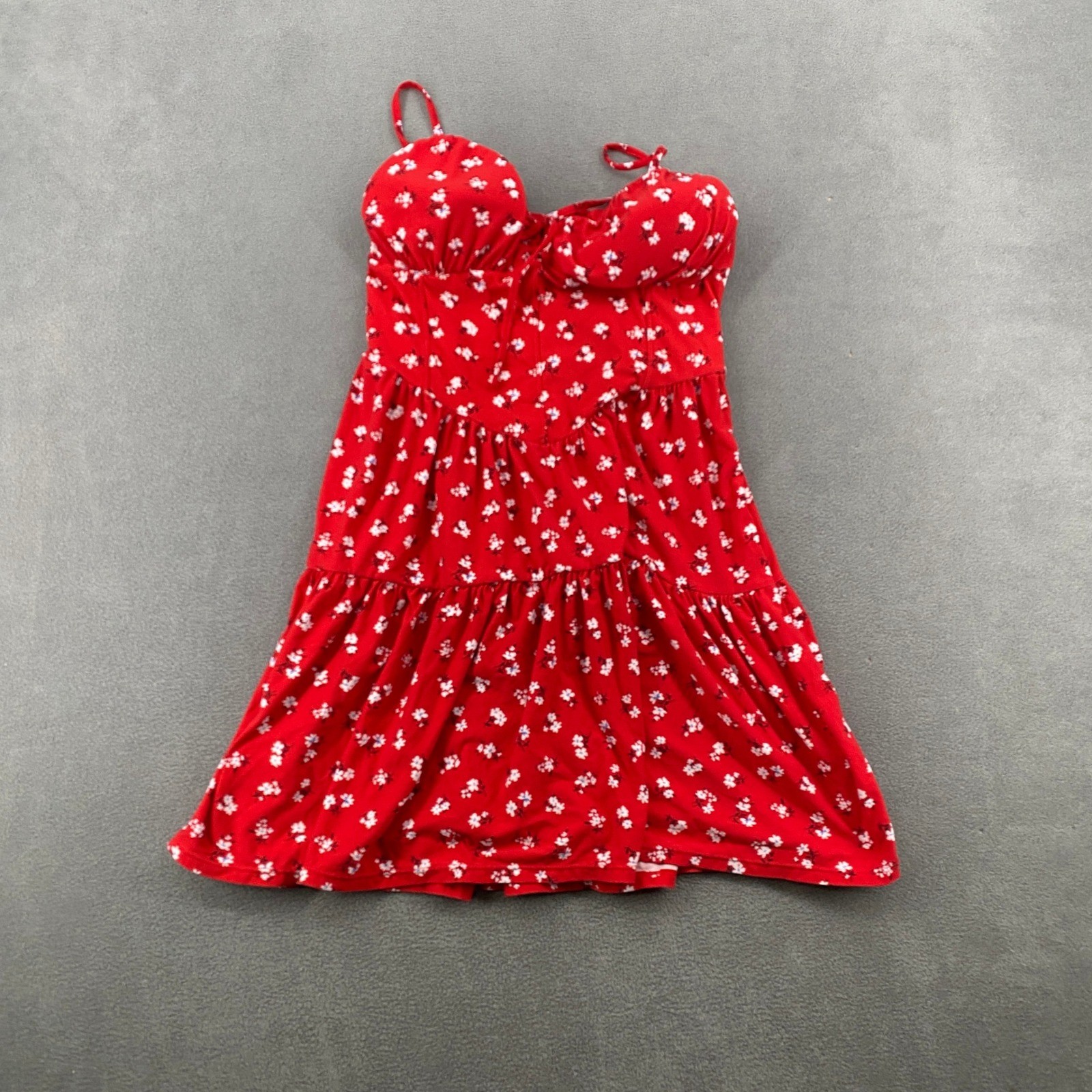 No Boundaries Red Floral Tiered Mini Dress Bustier Smocked Back Medium 8-10