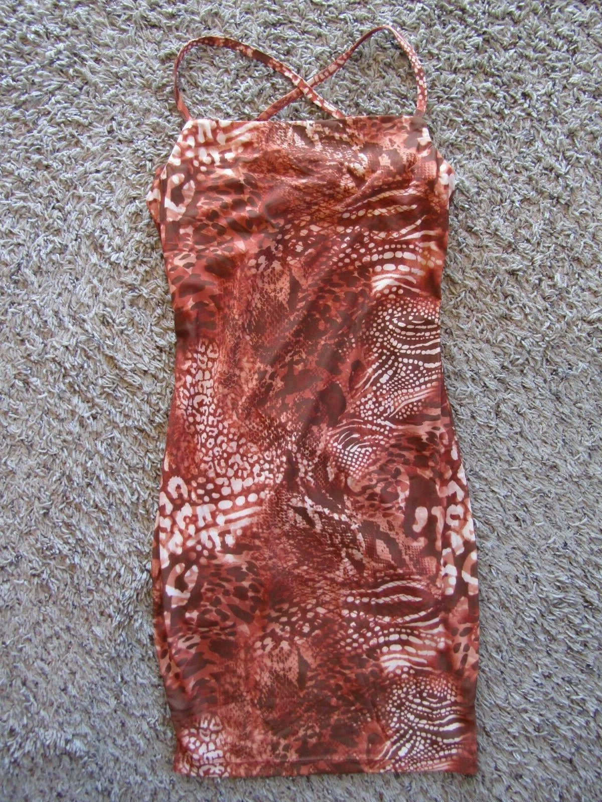 NIB Shein Polyester/Spandex Rust Animal Print Sleek Sleeveless Dress Women’s XS