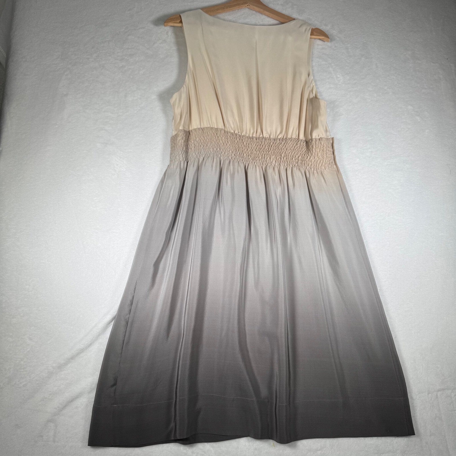 Matty M 100% Silk Ombre Gradient Empire Waist V-Neck Midi Dress Cream Grey Large