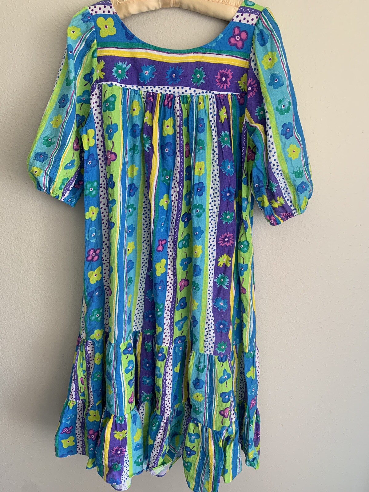 S 2 Two Potato Purple Blue Flower Stripe Casual House Dress Lounge Vintage Small