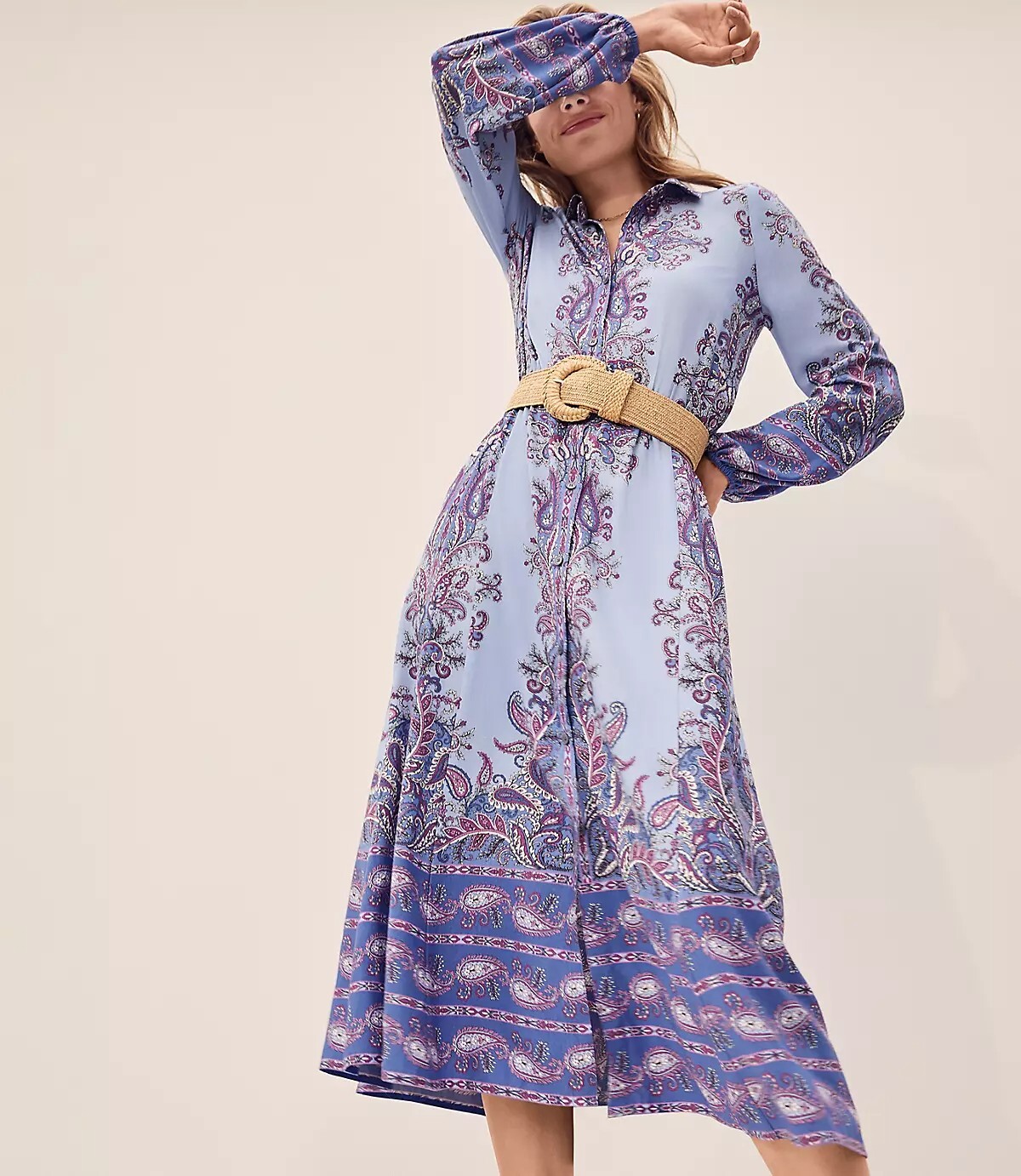 Loft Light Blue Paisley Floral Midi Shirtdress Size XS Button Front Collar Belt
