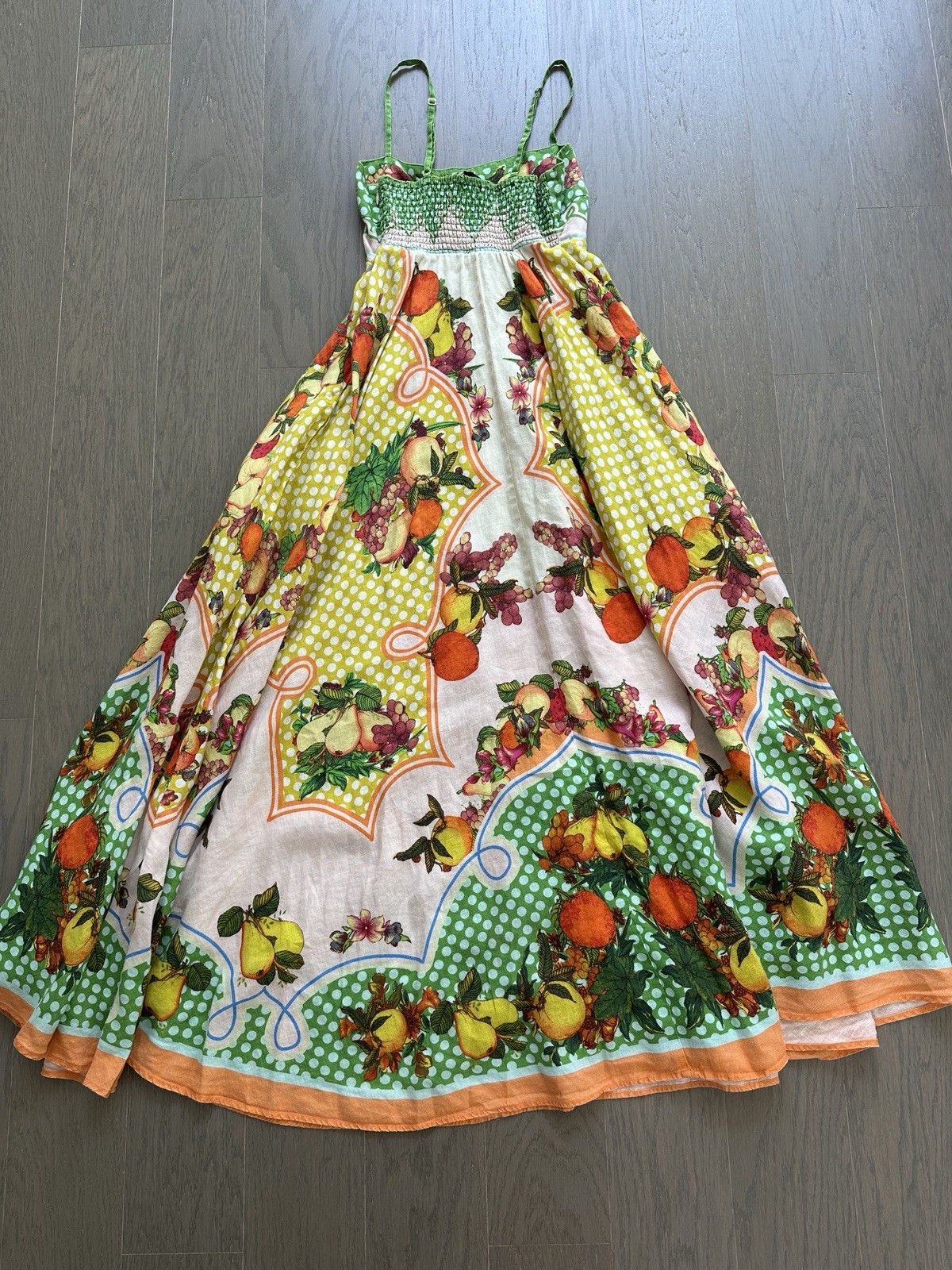Alemais LEMONIS Citrus Fruit Floral Linen Yellow Midi Dress Sundress Size US 4