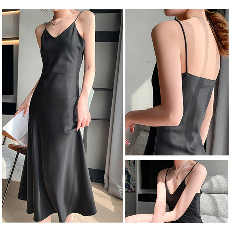 Lady Silk Satin Slip Dress Spaghetti Strap V Neck Sleeveless Lingerie Long Dress