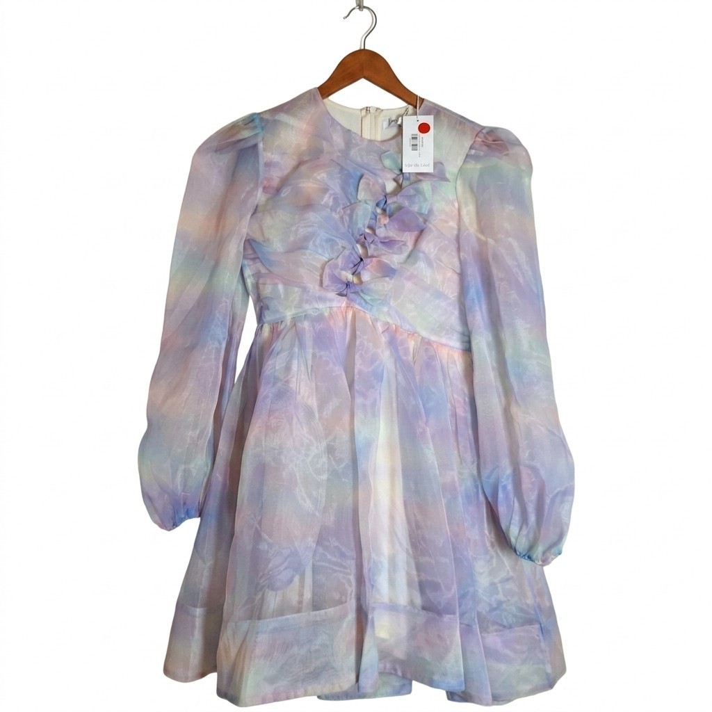 NWT Sofie the Label Pastel Rainbow Organza Mini Dress Puff Sleeve Ruffle Size S