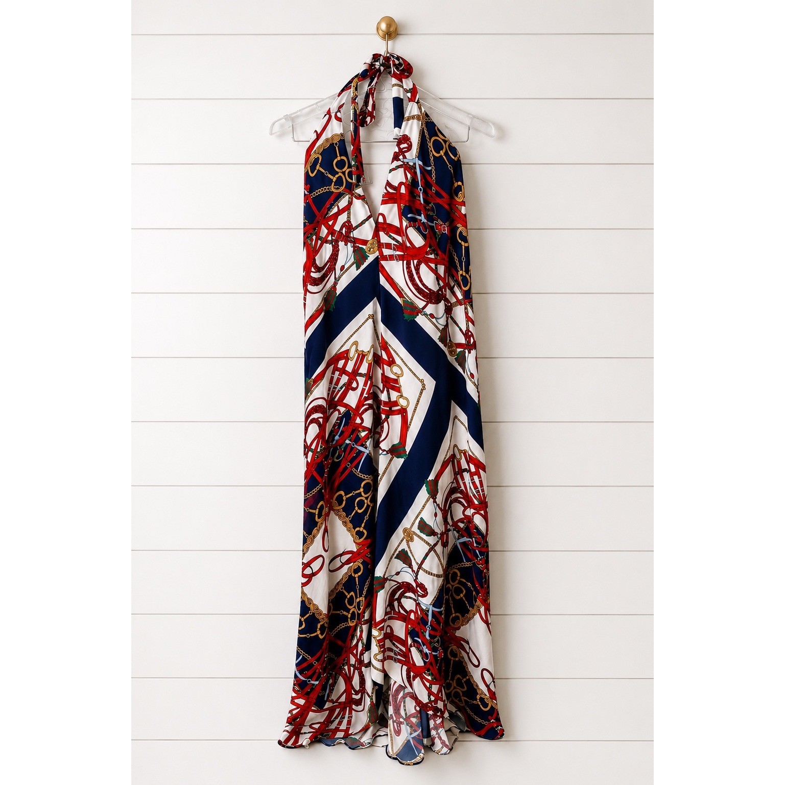 Zara Woman Nautical Yacht Club Halter Maxi Dress Navy Red Chain Print Size M