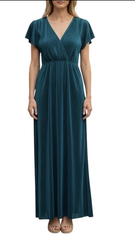 Baltic Born Athena Maxi Dress Sz L Emerald Green Pleated V Neck Wedding Guest