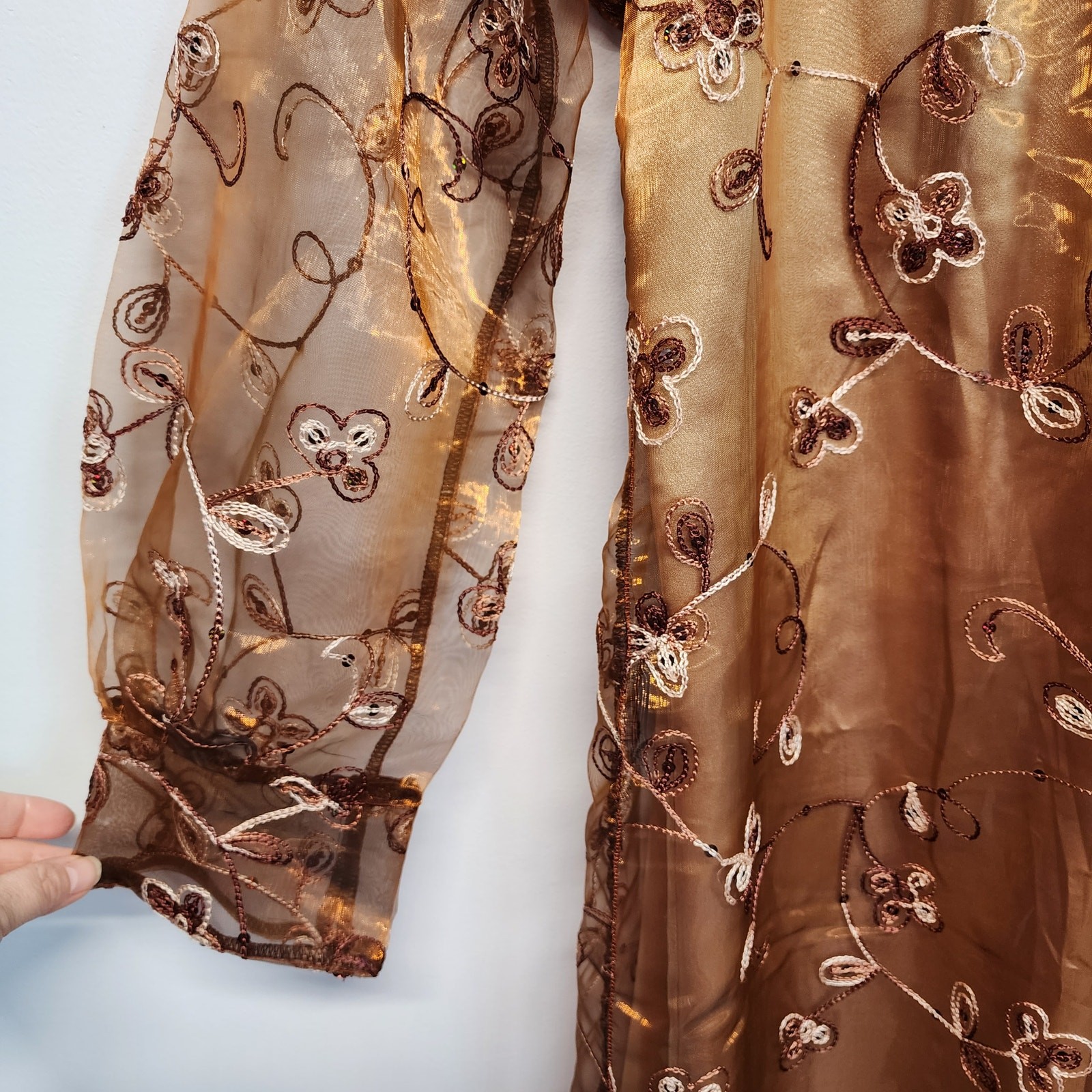 Embroidered Regency Floor Length Dress Size L Brown Damask Taffeta Sheer Whimsy