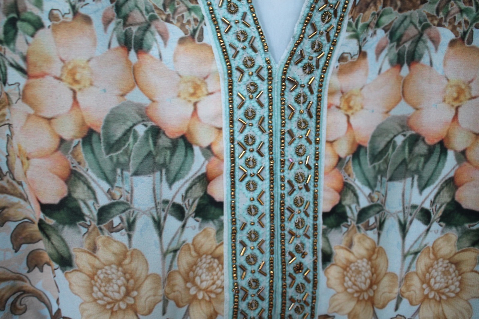 Soft Surroundings Blue Gold Floral Baroque Bead V-Neck Tier Maxi Dress M SUPERB!