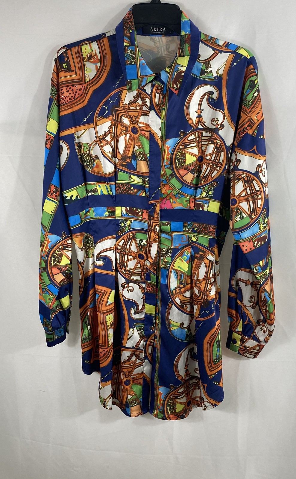 Akira Women’s Multicolor Scarf Print Baroque Carriage Wheel Shirt Dress Sz M