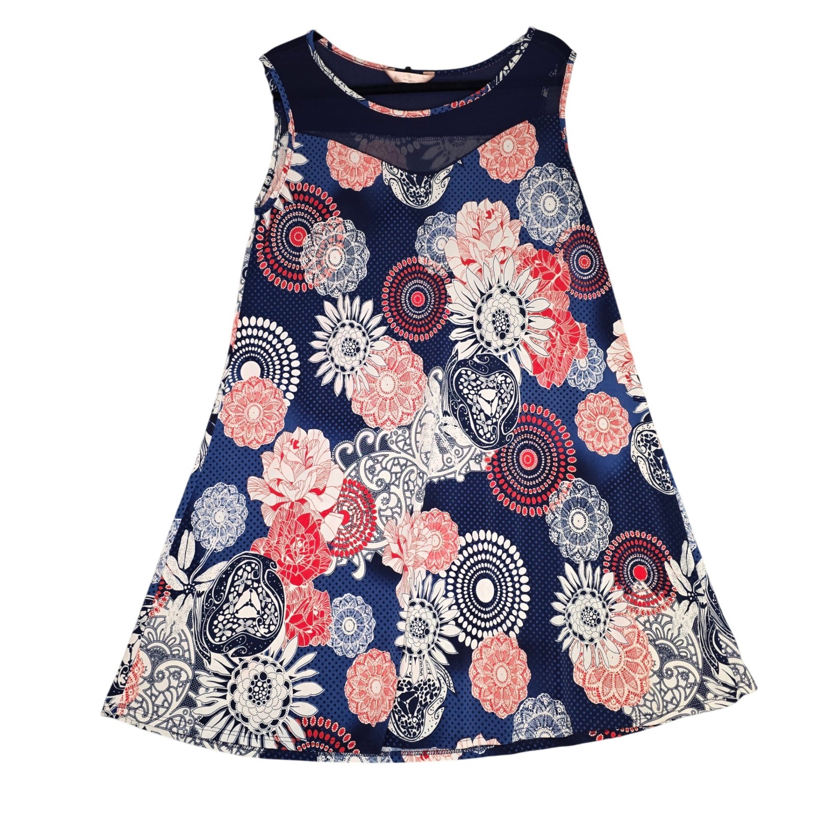 SJS Red White Blue Floral Mandala Sleeveless Mesh Inset A-Line Dress Large