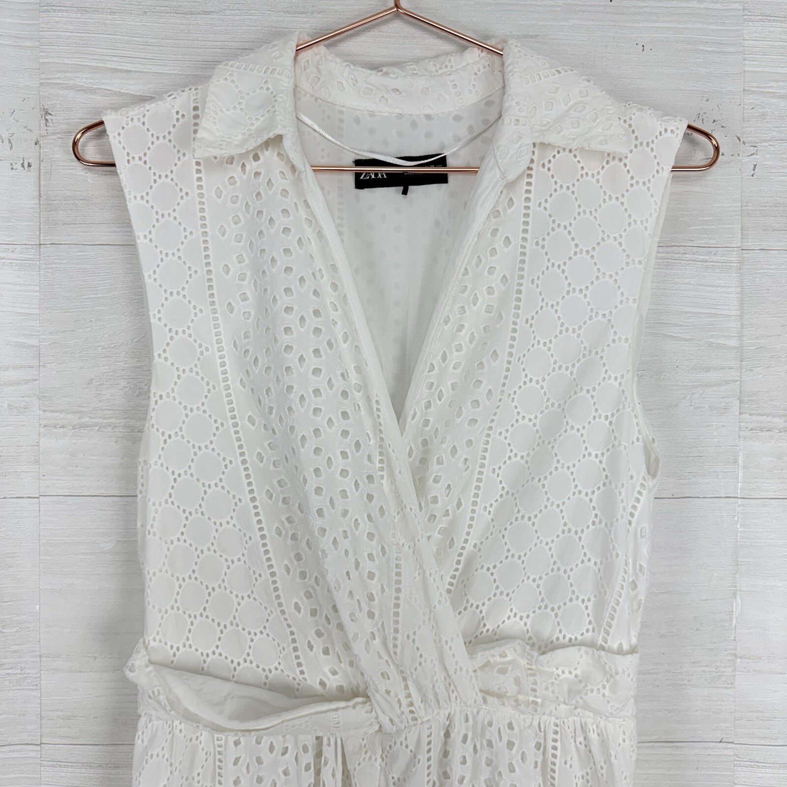 ZARA Openwork Embroidered Eyelet Midi Dress L White Sleeveless V Neck Feminine