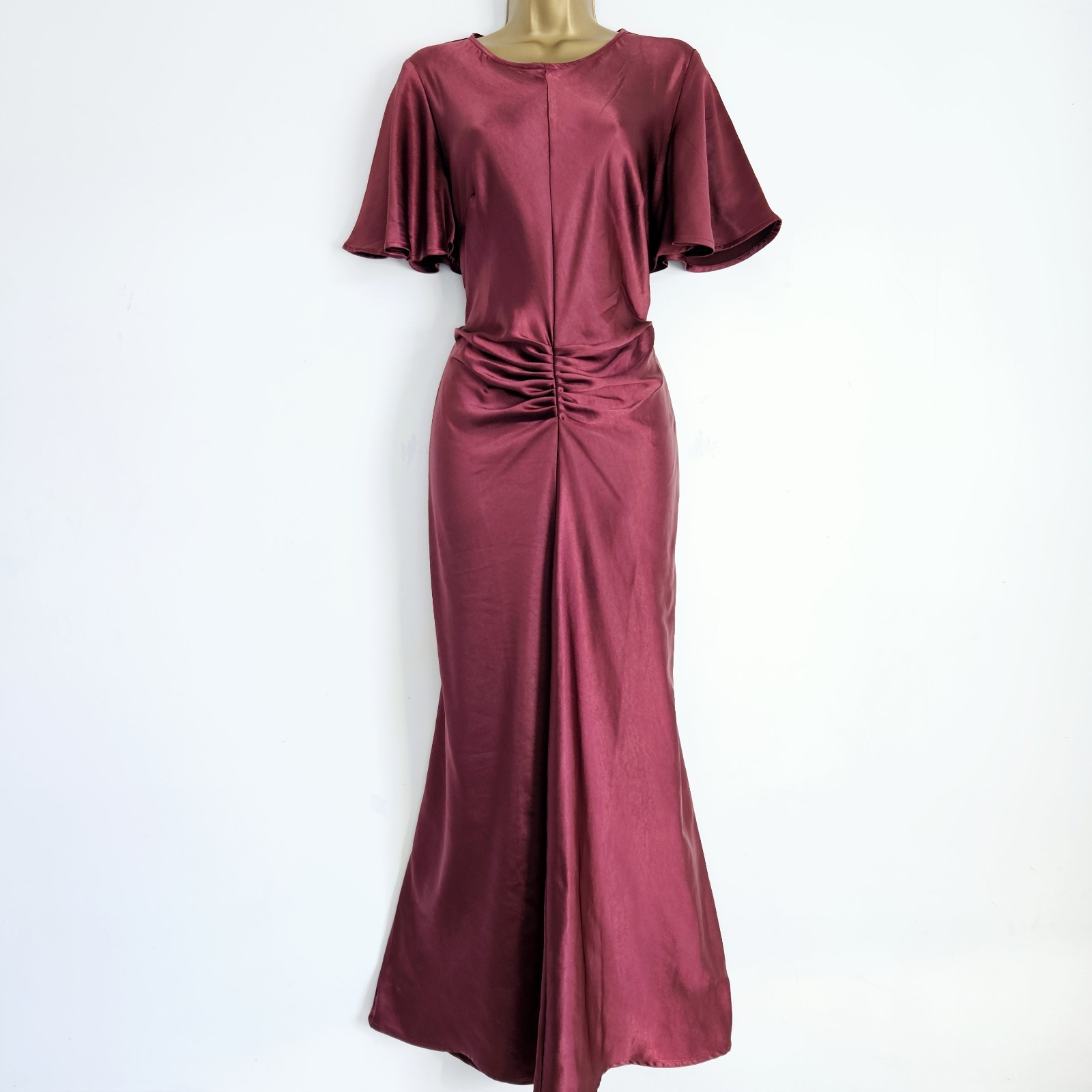NEW RIVER ISLAND 10-18 RRP £59 Dark Red Satin Ruched Maxi Dress Occasion Wedding