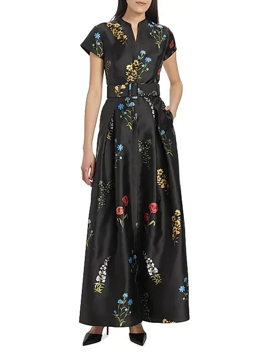 Sachin & Babi Noir Bouquet Marta Floral Print Satin Gown Size 18W $850 Less Belt