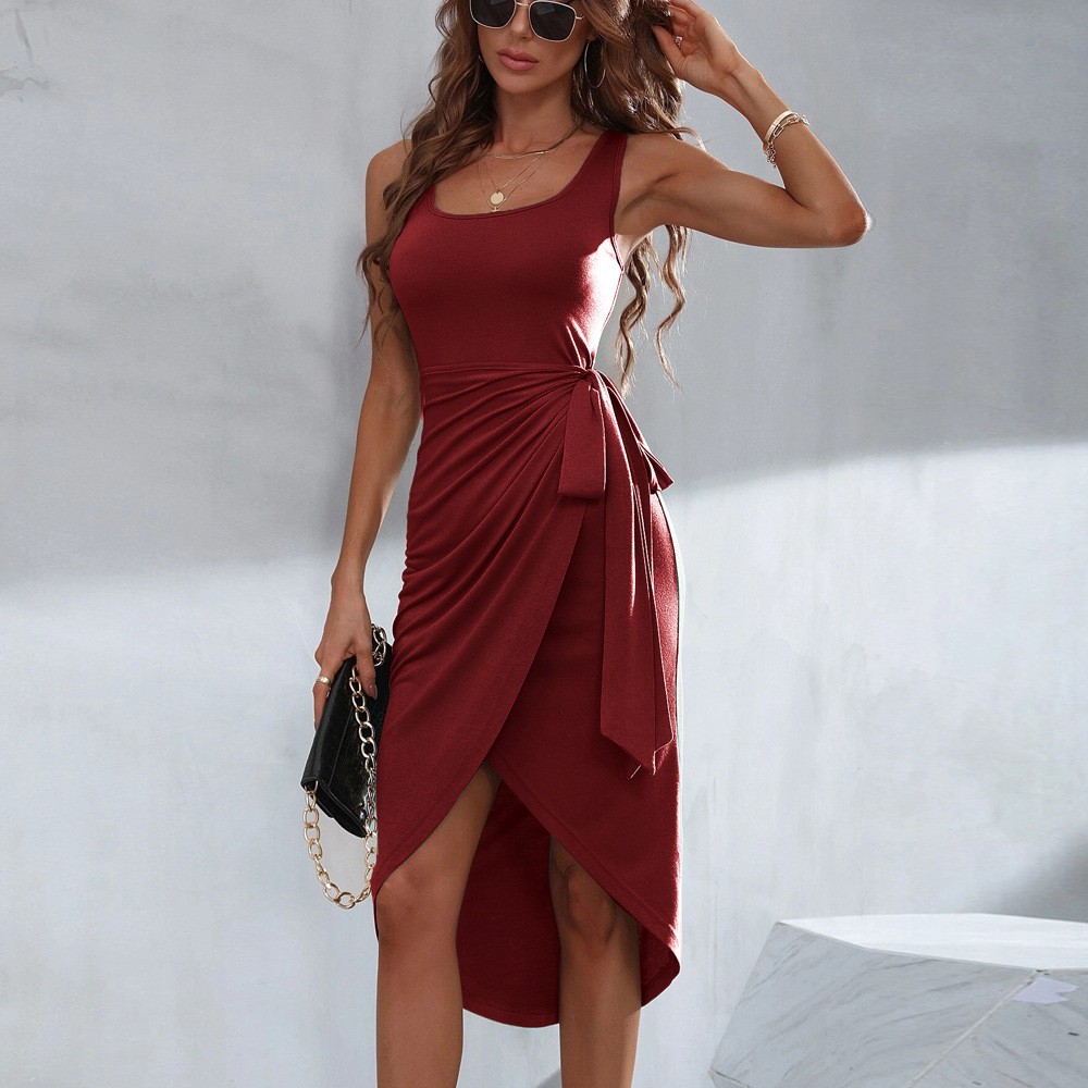 Women’s Asymmetric Wrap Dress Square Neck Sleeveless Knotted Waist Midi Dress