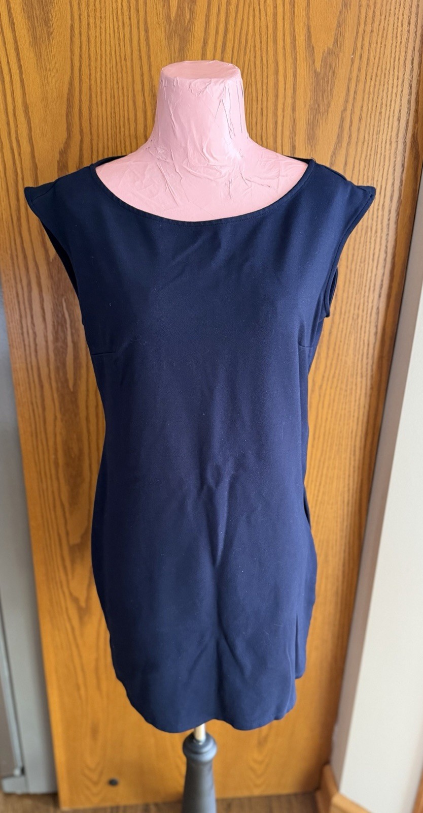 Urban Coco Navy Solid Sheath Dress Boat Neck Knit Stretch Zip Knee Length S
