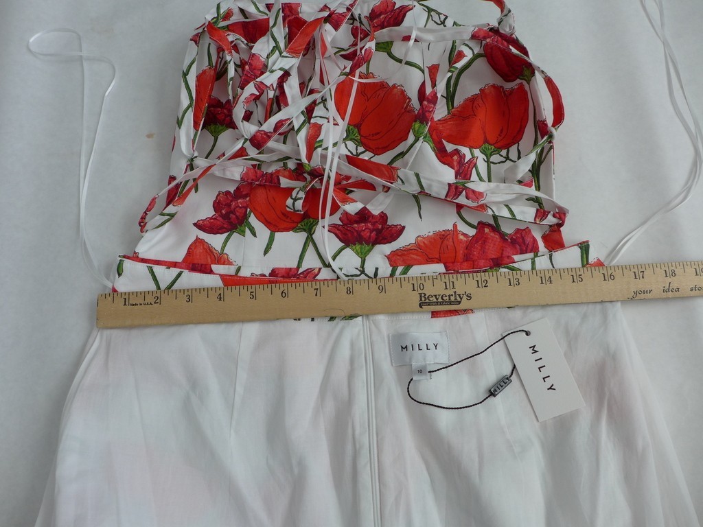 MILLY $475 Women’s 10 Open Cross Back Red Peonia Poplin tiered Midi Dress