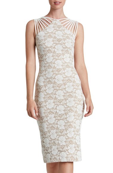 DRESS THE POPULATION ‘GWEN’ LACE MIDI NUDE/IVORY LACE SHEATH DRESS sz L