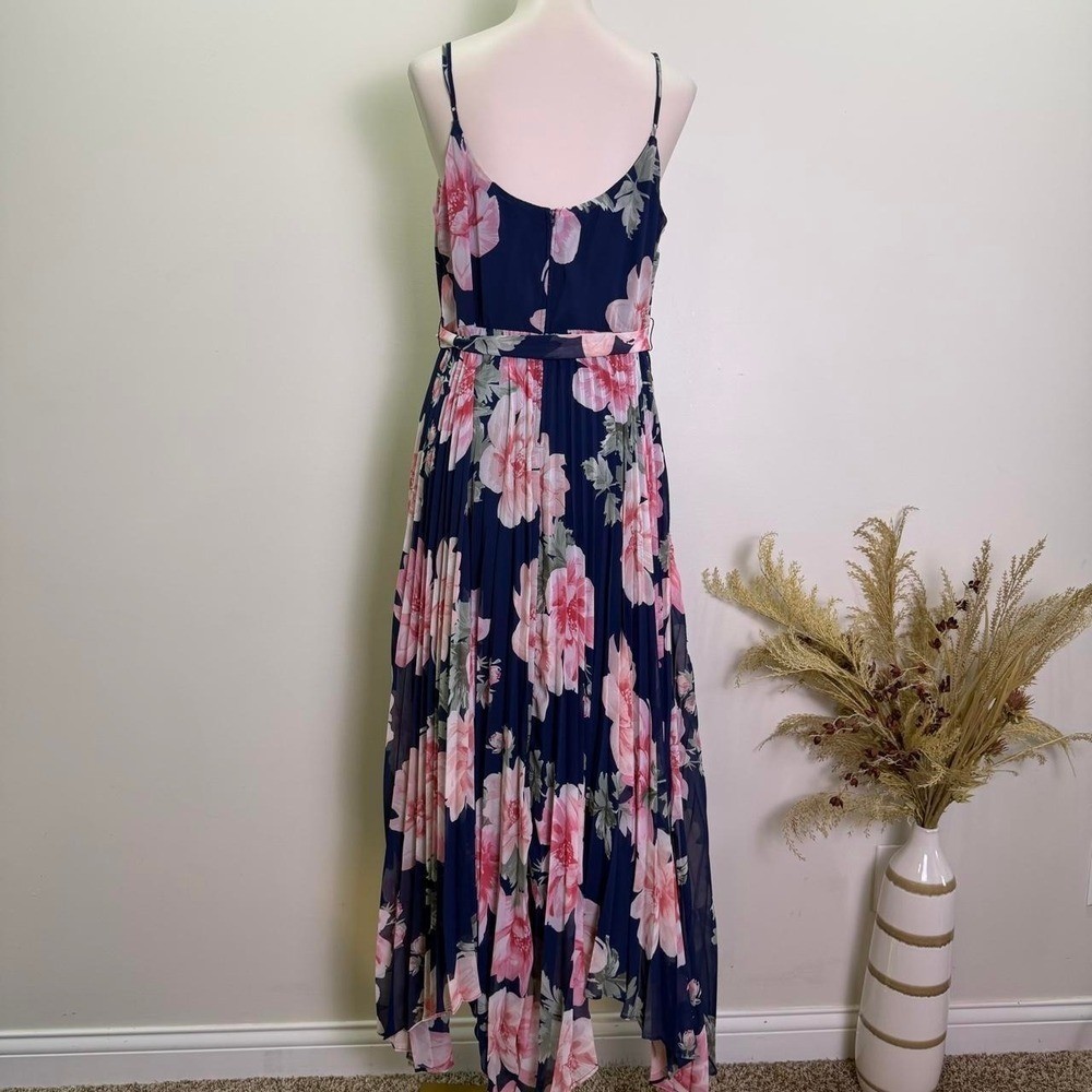 Premier Amour Size 14 Navy & Pink Floral Pleated Handkerchief Maxi Dress