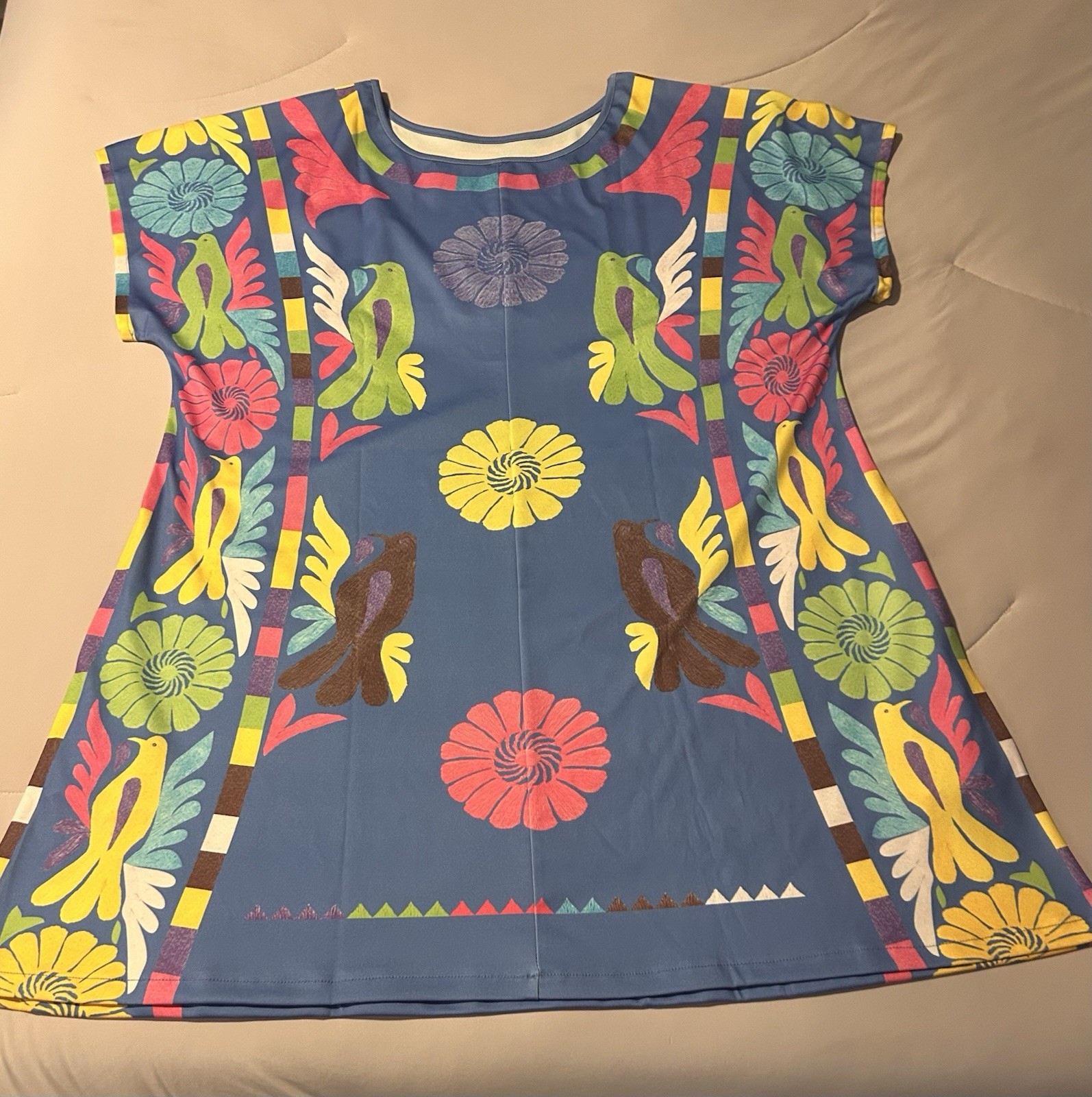 Women’s Blue Multicolor Bird Floral Print Scoop Neck Cap Sleeve Shift Dress