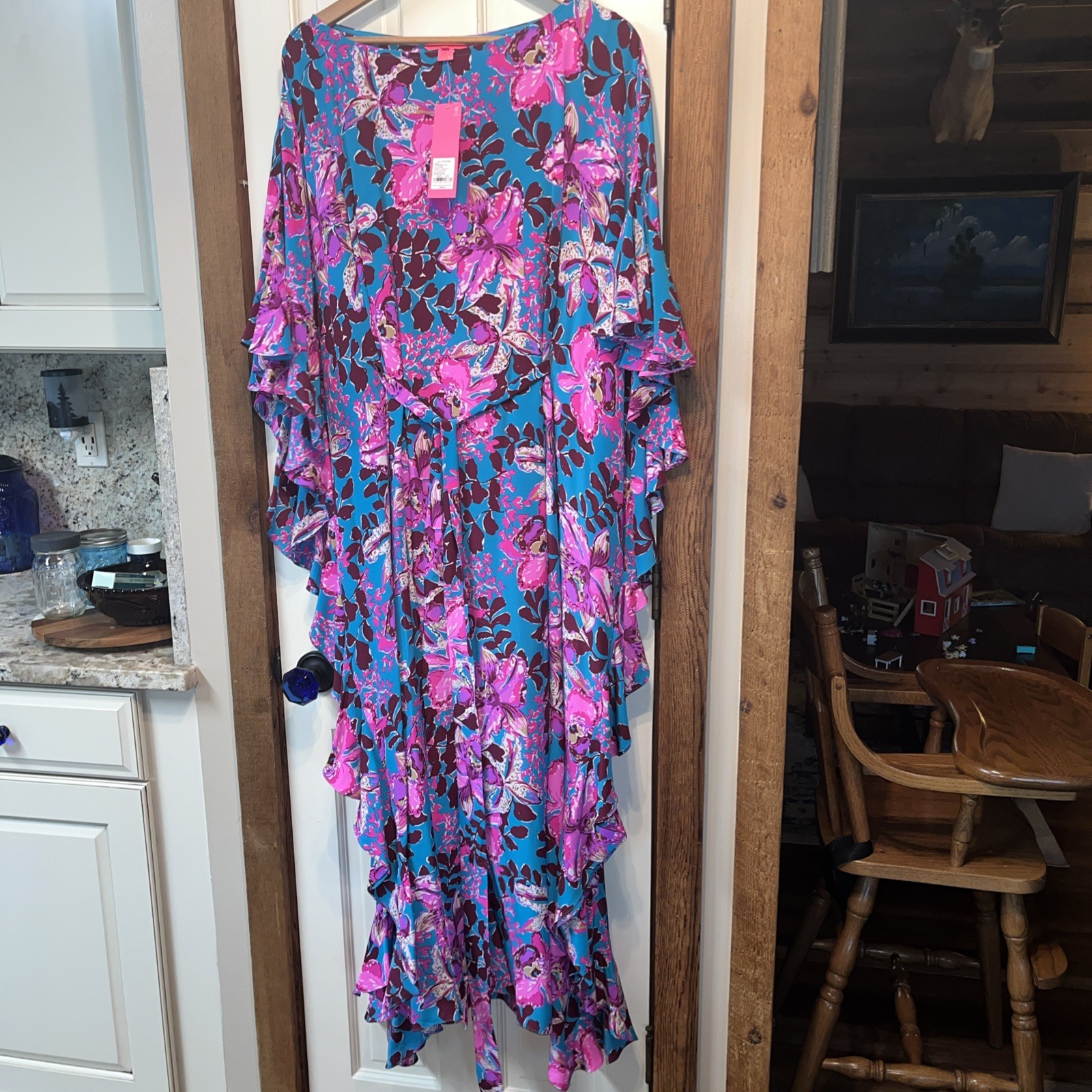 Lilly Pulitzer Monnae Silk Maxi Caftan Ruffle rhapsody orchid you not NWT L/XL