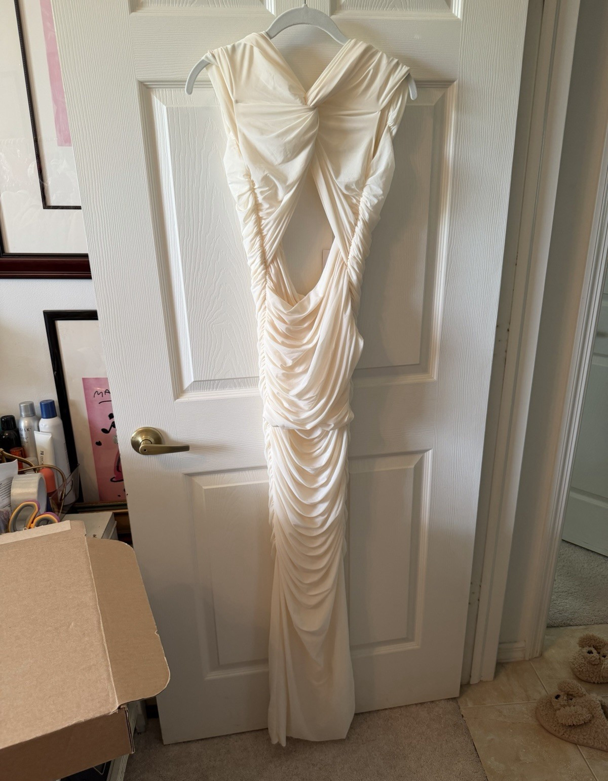 Ronny Kobo Ivory Ruched Cutout V-Neck Sleeveless Long Gown Dress Women’s M