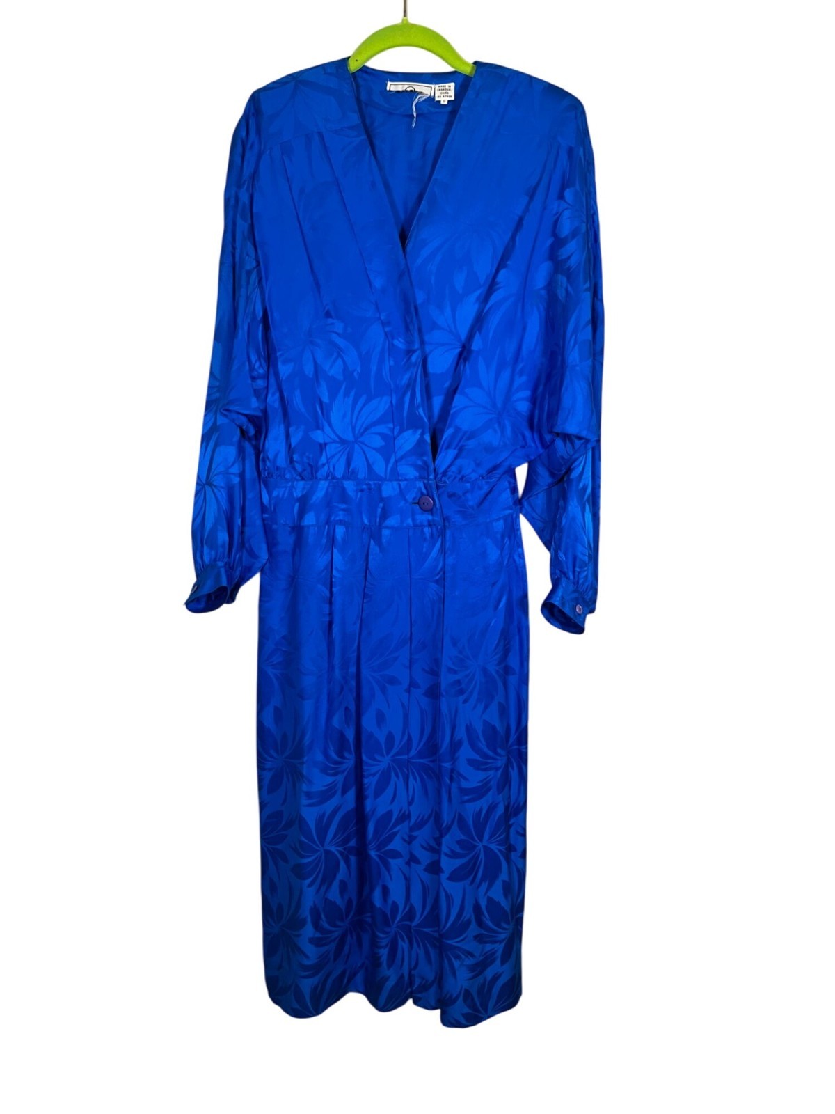 Retro Floral Silk Dress 14 Blue Midi Mod Classic Coastal Preppy Old Money 70s