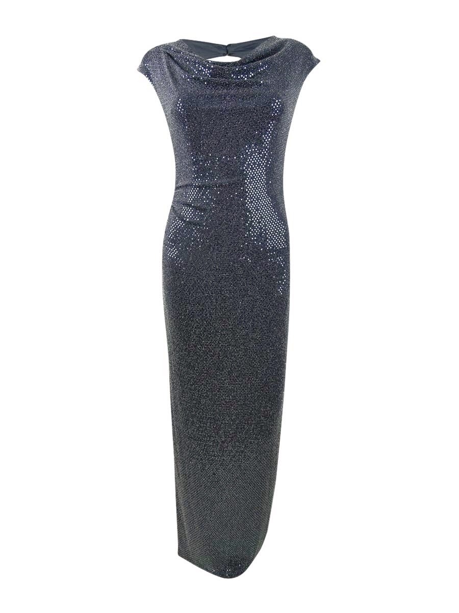 Xscape Women’s Cowlneck Open-Back Sequinned Gown (4 Grey)
