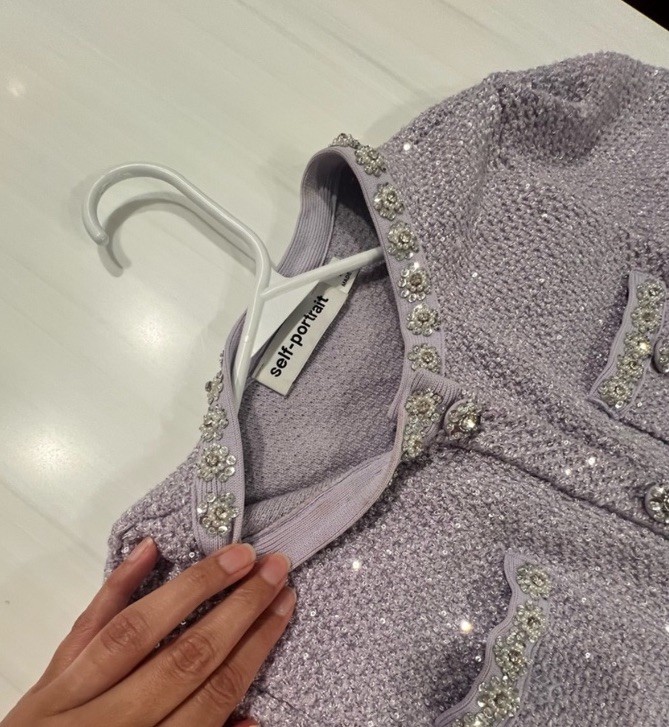 Self-Portrait Lilac Sequin Embellished Knit Button Mini Dress Lavender Sz Med