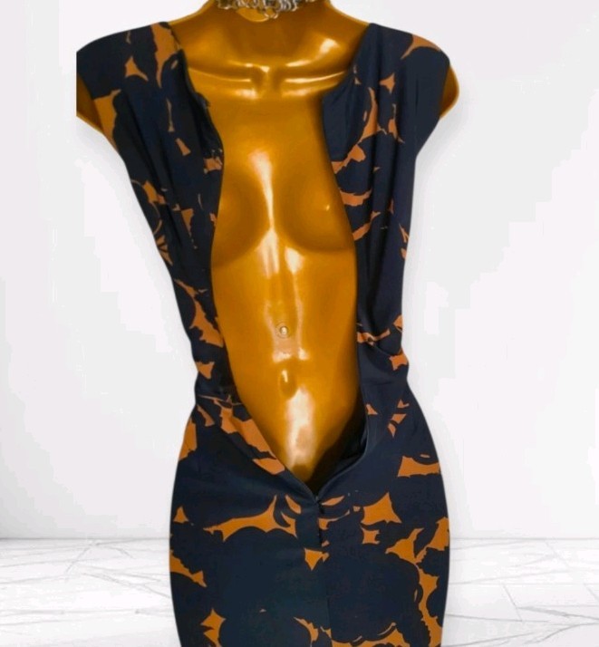 Phase Eight black fawn camel dress abstract floral ruched wiggle size 12 DEFECT