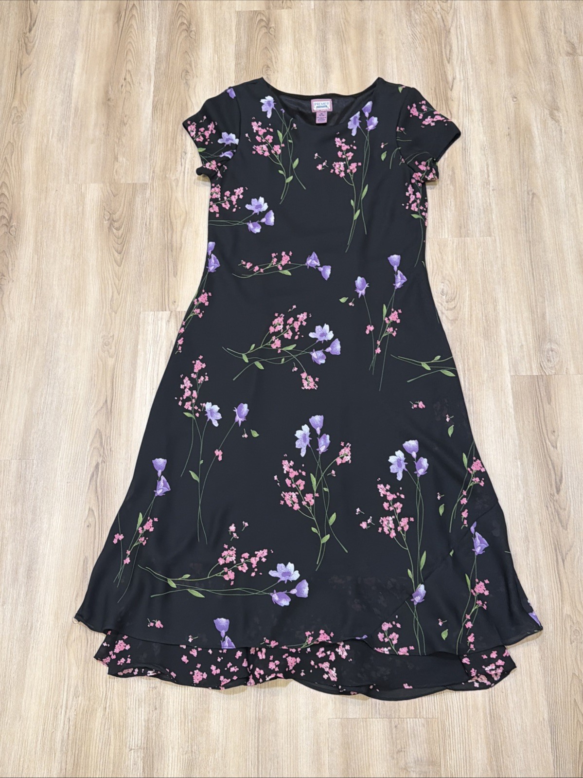Premier International Floral Midi Dress M 10-12 Black A-Line Sheer Overlay Y2K