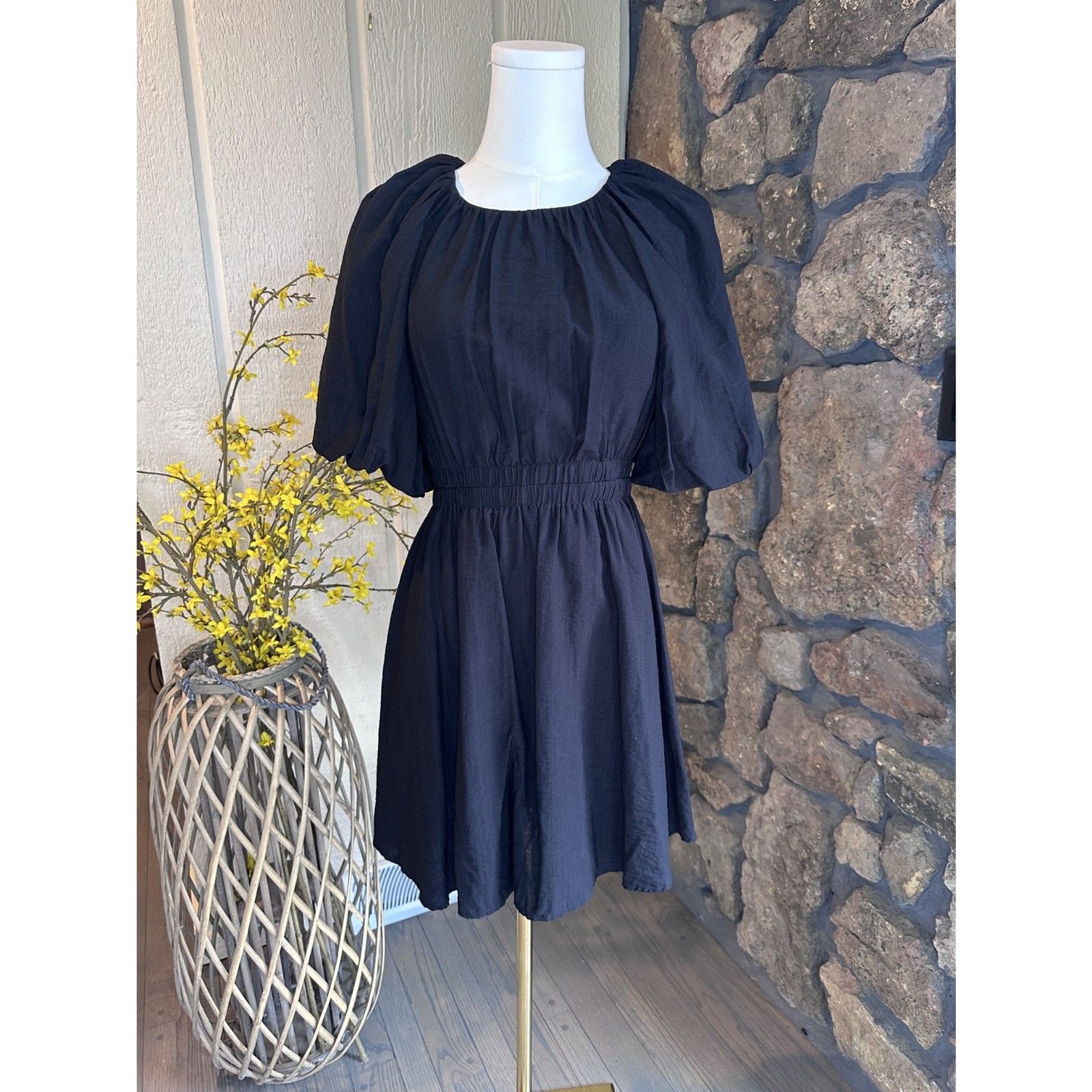 Moon River Black Puff Sleeve Smocked Waist Mini Dress – Size S LBD