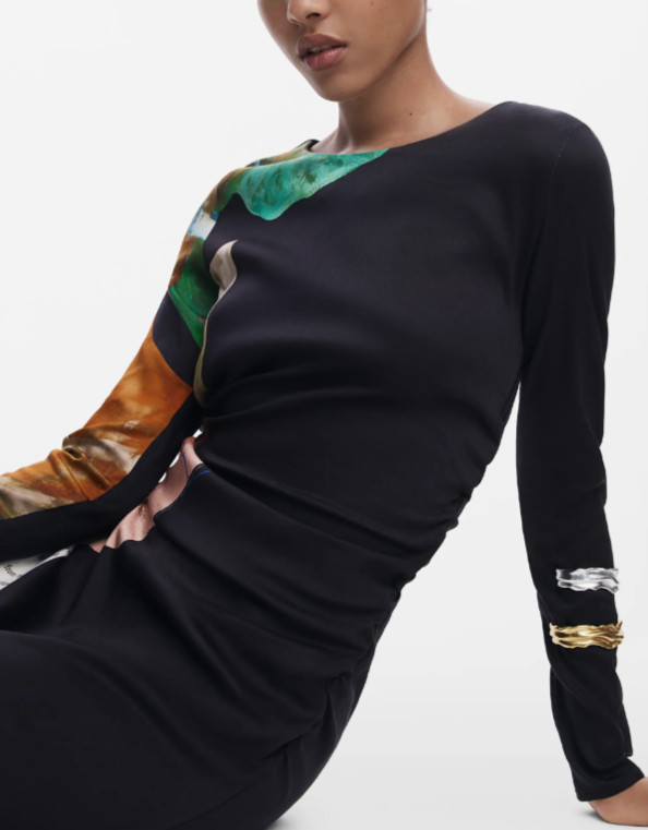 NEW, Desigual Mix Print Long Sleeve Midi Dress in Black Sz S #MD1697