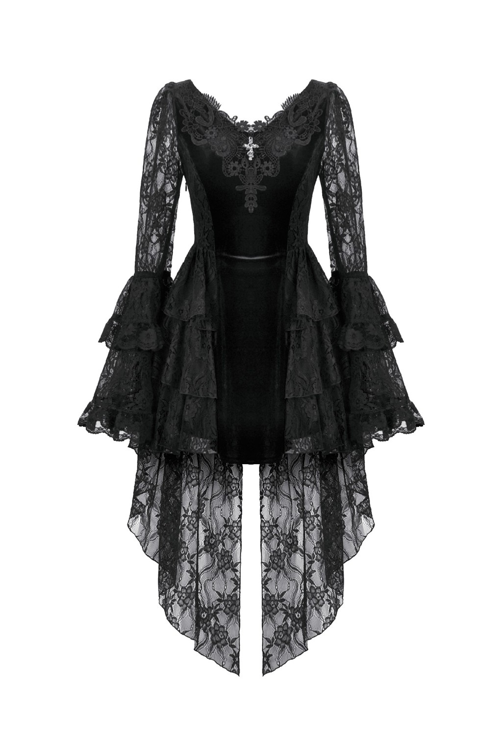 Dark In Love Women Black Gothic Flare Sleeve Velvet Lace Embroidered Tail Dress