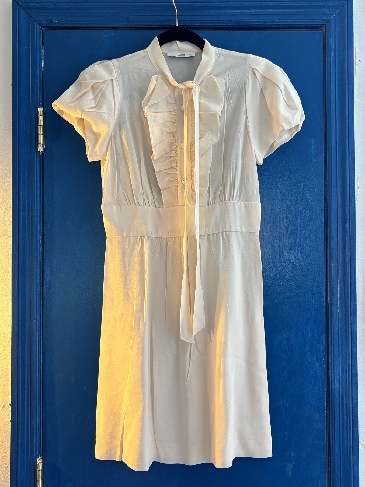 PRADA Ivory Silk Chiffon Mini Dress Ruffle Button Collared Puff Sleeve 38