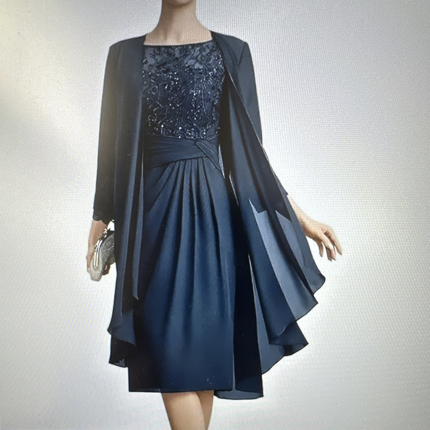 Blue Plus Size 16W Knee Length Chiffon Boat Neck Long Sleeve Sequin Dress