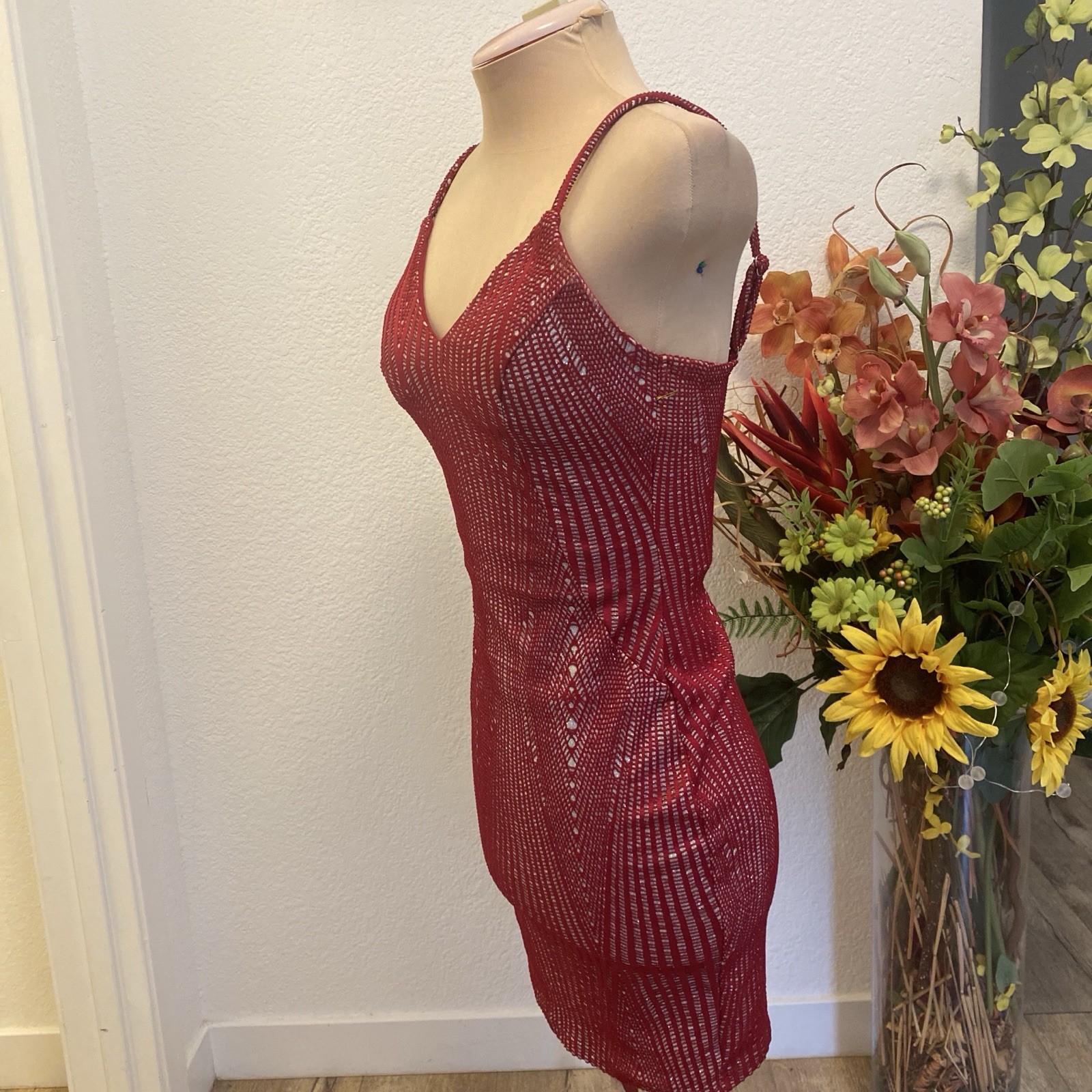 Red Beaded Spaghetti Strap Mini Dress Small