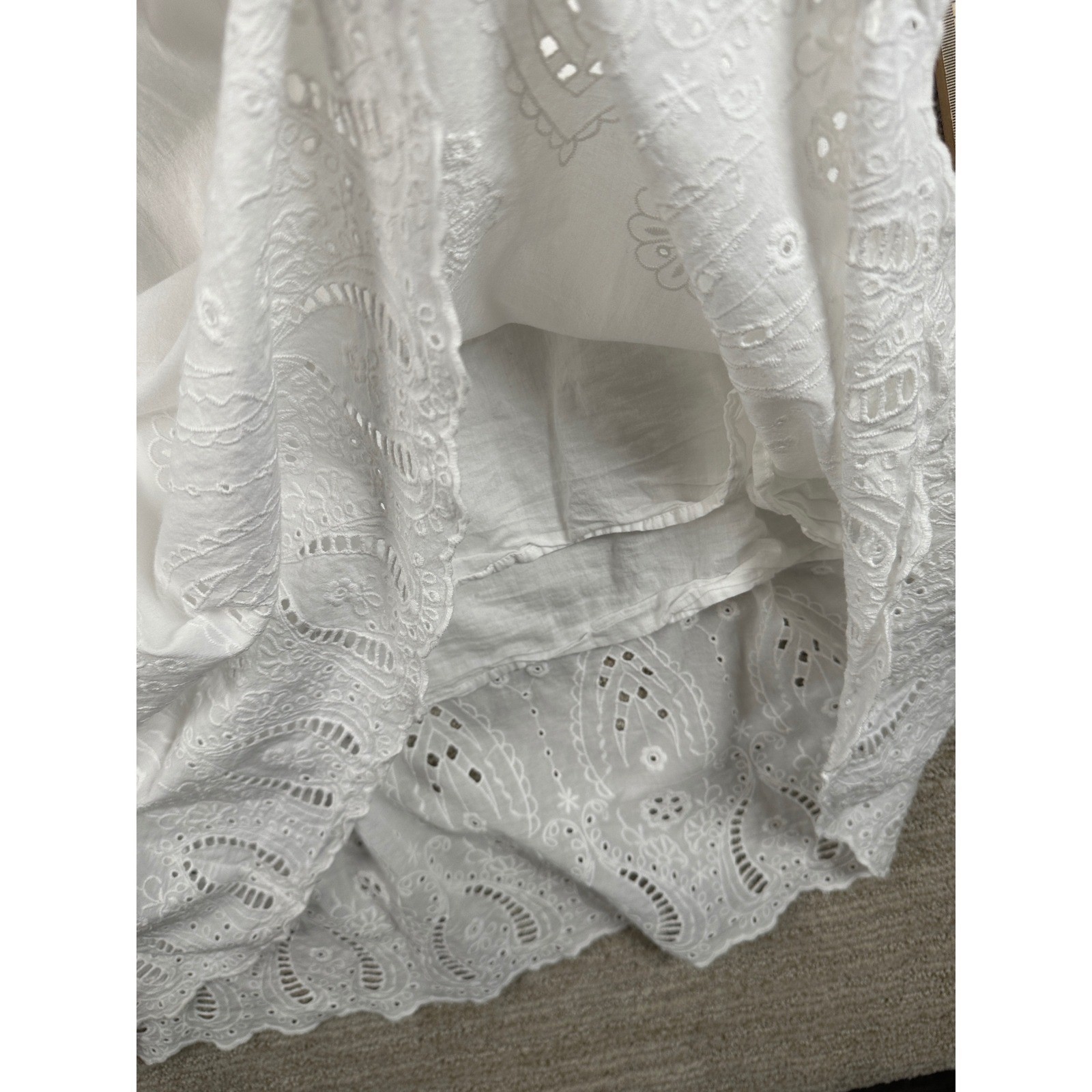 Zara White Eyelet Lace Midi Dress Womens XL Long Sleeve Boho Pintuck V-Neck