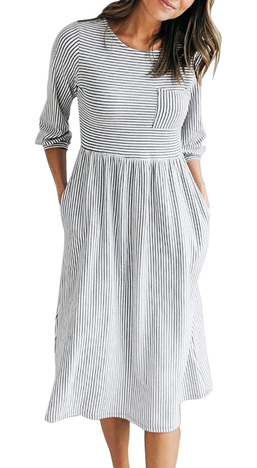 Merokeety Dress Size Small Black White Striped Midi 3/4 Sleeves Chest Pocket