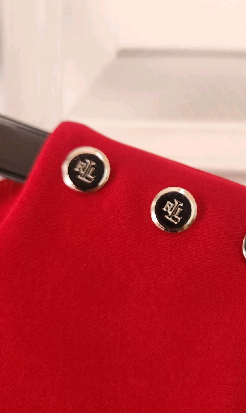 RALPH LAUREN Red Logo Button Round Neck Long Sleeve Stretch Sheath Dress Sz 8