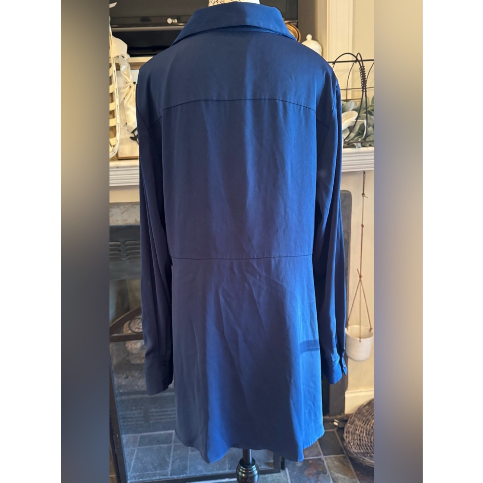 Susan Graver Dark Blue Navy Button Front Big Shirt Dress or Tunic Medium Button